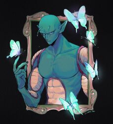 Rule 34 | 1boy, abs, antennae, aqua butterfly, bald, black background, black eyes, black nails, blue butterfly, bug, butterfly, butterfly on hand, collarbone, colored skin, dragon ball, dragonball z, glowing butterfly, green skin, highres, insect, male focus, muscular, namekian, no nipples, nude, parted lips, pectorals, piccolo, picture frame, pointy ears, signature, solo, teeth, upper body, v-shaped eyebrows, vamos mk, white butterfly