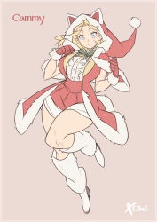 Rule 34 | 1girl, animal ears, blonde hair, blue eyes, boots, cammy white, cat ears, christmas, fake animal ears, flat color, gloves, hat, highres, jacket, red gloves, red jacket, santa hat, solo, street fighter, tagme, thighs, x-t3al