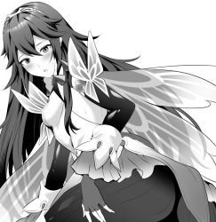 Rule 34 | 1girl, ameno (a meno0), ass, bad id, bad twitter id, blush, breasts, butterfly wings, fingerless gloves, fire emblem, fire emblem awakening, fire emblem heroes, gloves, greyscale, hair between eyes, insect wings, long hair, looking at viewer, lucina (fire emblem), monochrome, nintendo, official alternate costume, open mouth, pantyhose, simple background, small breasts, solo, tiara, white background, wings