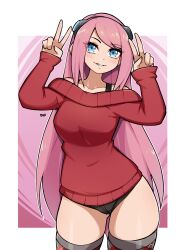 Rule 34 | 1girl, alternate costume, artist name, black shorts, blue eyes, breasts, collarbone, double v, gluteal fold, hair ornament, highres, jeena (spectrobes), long hair, medium breasts, miyamoto musashi (fate), oninuer, pink hair, plaid, red sweater, short shorts, shorts, skindentation, smile, solo, strap, sweater, tagme, thighhighs, v, very long hair