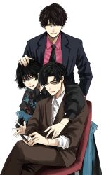Rule 34 | 1girl, 2boys, black hair, black jacket, black necktie, brown jacket, brown pants, character request, closed mouth, collared shirt, earrings, hand on another&#039;s head, highres, hoshi san 3, jacket, jewelry, multiple boys, necktie, pants, pink shirt, sankaku mado no sotogawa wa yoru, shirt, short hair, simple background, sitting, smile, white background, white shirt, wing collar