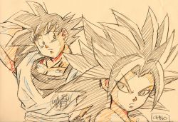 Rule 34 | 10s, 1boy, 1girl, arm behind head, caulifla, color trace, dougi, dragon ball, dragon ball super, graphite (medium), highres, looking at another, looking back, monochrome, muscular, oono tsutomu (animator), pout, signature, son goku, spiked hair, traditional media