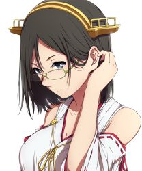 Rule 34 | 10s, 1girl, black hair, blue eyes, breasts, cleavage, collarbone, female focus, glasses, green-framed eyewear, tucking hair, hairband, headgear, highres, kantai collection, kirishima (kancolle), large breasts, nagioka, nontraditional miko, short hair, simple background, solo, upper body, white background