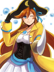 Rule 34 | 1girl, ;), ace attorney, adapted costume, aiming, aiming at viewer, athena cykes, bad id, bad pixiv id, bicorne, black gloves, blue eyes, blurry, blurry background, blush, breasts, brown hair, capcom, coat, corset, cowboy shot, crescent moon, earrings, facing viewer, fingerless gloves, foreshortening, gloves, hair between eyes, hair down, hair ribbon, hand on headwear, hat, jewelry, long hair, looking at viewer, moon, one eye closed, phoenix wright: ace attorney - dual destinies, pirate, pirate hat, remu (shion110), ribbon, sash, shion110, single earring, skirt, small breasts, smile, solo, spoilers, standing, tagme, underbust, very long hair, wink, yellow coat
