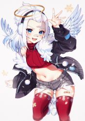 Rule 34 | 1boy, :d, angel, arm up, bandaid, bandaid on face, bandaid on nose, black jacket, blue eyes, blush, boots, taigaxholic, crop top, fur-trimmed jacket, fur trim, grey shorts, halo, highres, indie virtual youtuber, jacket, kiyochii, male focus, midriff, navel, open mouth, short shorts, shorts, sidelocks, simple background, smile, snowflake print, snowflakes, solo, thighhighs, thighhighs under boots, trap, v-shaped eyebrows, virtual youtuber, white background, white hair, white wings, wings, zipper