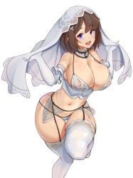 Rule 34 | 1girl, ajidot, blue eyes, breasts, bridal lingerie, bridal veil, bride, brown hair, choker, cleavage, elbow gloves, feet out of frame, garter belt, garter straps, gloves, highres, lace, lace choker, large breasts, last origin, lingerie, mole, mole under mouth, navel, short hair, smile, talon feather (last origin), thighhighs, underwear, veil, white background, white gloves