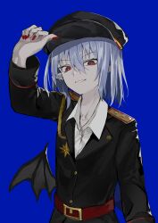 Rule 34 | 1girl, absurdres, adjusting clothes, adjusting headwear, alternate costume, ayo rimaisu, badge, bat wings, belt, black coat, black hat, black wings, blue background, blue hair, buttons, coat, collared shirt, commentary, english commentary, grin, hair between eyes, hand up, hat, highres, lapels, long hair, long sleeves, looking at viewer, low wings, pointy ears, red belt, red eyes, red nails, remilia scarlet, shirt, shoulder boards, simple background, smile, solo, touhou, upper body, white shirt, wings