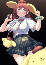 Rule 34 | 1girl, absurdres, black background, blue eyes, blush, bow, bowtie, braid, brown hair, butter curry, character name, emma verde, freckles, highres, long hair, looking at viewer, love live!, love live! nijigasaki high school idol club, low twintails, name tag, nijigasaki academy school uniform, plaid, plaid skirt, pleated skirt, pompompurin, red bow, red bowtie, sanrio, school uniform, shirt, short sleeves, simple background, skirt, smile, solo, summer uniform, twin braids, twintails, white shirt