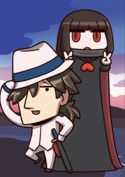 Rule 34 | 1boy, 1girl, april fools, black hair, blunt bangs, chibi, double v, fate/grand order, fate (series), fedora, gloves, grey scarf, hair over one eye, hat, highres, long hair, long sleeves, looking at viewer, official art, open mouth, oryou (fate), pants, red eyes, riyo (lyomsnpmp), sakamoto ryouma (fate), scarf, shirt, v, white gloves, white headwear, white pants, white shirt