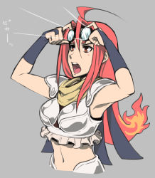Rule 34 | 1girl, ahoge, armpits, arms up, bad id, bad pixiv id, black gloves, bridal gauntlets, chandra nalaar, gloves, goggles, goggles on head, grey background, magic: the gathering, midriff, navel, noname (metaldragonfly), open mouth, red eyes, red hair, scarf, solo, upper body