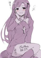 Rule 34 | 1girl, blush, body writing, cross, cross hair ornament, cross necklace, dress, dyson (edaokunnsaikouya), female focus, habit, hair ornament, hand on own face, implied prostitution, jewelry, kannagi, kneehighs, long hair, long sleeves, looking at viewer, monochrome, necklace, nun, open mouth, sitting, smile, socks, solo, spot color, tally, translated, white background, zange