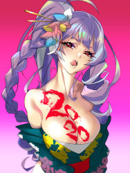 Rule 34 | 1girl, 2020, asymmetrical hair, bare shoulders, body writing, braid, breasts, clothes lift, don (rg06268), drill hair, flower, gradient background, hair flower, hair ornament, hair stick, highres, japanese clothes, kimono, kimono lift, kimono pull, large breasts, licking lips, light purple hair, long hair, looking at viewer, macross, macross delta, mikumo guynemer, multicolored hair, obi, open mouth, ponytail, red eyes, sash, side braid, side drill, silver hair, solo, tongue, tongue out, very long hair