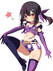 Rule 34 | absurdres, bad id, bad twitter id, belt, bikini, bikini top only, bikini under clothes, black hair, black thighhighs, boots, breasts, brown eyes, cropped jacket, elbow gloves, fate/kaleid liner prisma illya, fate (series), gloves, hair ornament, hairclip, hand on own knee, highres, jacket, leg lift, leg up, long hair, miniskirt, miyu edelfelt, purple bikini, purple gloves, purple jacket, purple thighhighs, race queen, ribbon, simple background, skirt, sleeveless, sleeveless jacket, small breasts, smile, solo, standing, standing on one leg, striped clothes, striped skirt, swimsuit, thigh boots, thighhighs, thighs, tomo (ryo i so ), twintails, two-tone legwear, v, white background