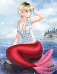 Rule 34 | 1girl, armpit peek, artist name, blonde hair, breast pocket, breasts, brown eyes, cleavage, closed mouth, cloud, collarbone, commission, fins, freckles, full body, gigamessy, hand up, head fins, heather mason, highres, jewelry, medium breasts, mermaid, monster girl, monsterification, ocean, outdoors, pendant, pocket, rock, scales, short hair, silent hill (series), silent hill 3, sitting, snowing, solo, vest, water, watermark, white vest