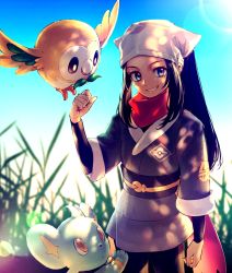 Rule 34 | 1girl, ainu clothes, akari (pokemon), akihorisu, black hair, blue eyes, blurry, clenched hand, clenched teeth, commentary request, creatures (company), day, eyelashes, game freak, gen 4 pokemon, gen 7 pokemon, grass, hair scarf, hand up, highres, lens flare, long hair, looking at viewer, nintendo, outdoors, pokemon, pokemon (creature), pokemon legends: arceus, ponytail, red scarf, rowlet, sash, scarf, shinx, sidelocks, smile, teeth