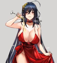 Rule 34 | 1girl, ahoge, alracoco, azur lane, bare shoulders, black hair, blush, breasts, champagne flute, choker, cleavage, clothes pull, cocktail dress, collarbone, commentary request, covered erect nipples, crossed bangs, cup, dress, dress pull, drinking glass, grey background, hair between eyes, hair ornament, heavy breathing, large breasts, long hair, looking at viewer, no panties, official alternate costume, parted lips, pouring, pouring onto self, pulling own clothes, red choker, red dress, red eyes, simple background, smile, solo, taihou (azur lane), taihou (forbidden feast) (azur lane), teeth, thighs, very long hair