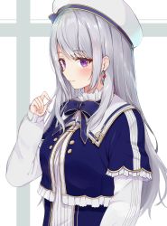 Rule 34 | 1girl, beret, blue jacket, blush, closed mouth, commentary request, earrings, hand up, hat, highres, higuchi kaede, higuchi kaede (7th costume), jacket, jewelry, long hair, long sleeves, looking at viewer, mole, mole under eye, nijisanji, purple eyes, racchi., shirt, short sleeves, silver hair, sleeves past wrists, solo, upper body, very long hair, virtual youtuber, white hat, white shirt