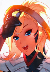 Rule 34 | 1girl, blonde hair, blue eyes, halo, high ponytail, mechanical halo, mercy (overwatch), nana nakano, open mouth, overwatch, overwatch 1, portrait, short hair, smile, solo