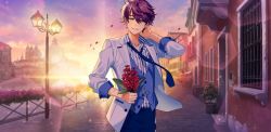 Rule 34 | 1boy, afterl!fe, blush, flower, green eyes, highres, looking at viewer, male focus, noah (afterl!fe), official art, purple hair, red flower, scar, second-party source, short hair, smile, solo, teeth