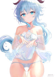 Rule 34 | 1girl, absurdres, alternate costume, artist name, bare shoulders, blue eyes, blue hair, blush, breasts, chinese commentary, dated, ganyu (genshin impact), genshin impact, heitubaibutu, highres, horns, long hair, looking at viewer, low ponytail, medium breasts, navel, orb, see-through, smile, solo, swimsuit, very long hair, white background