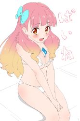 Rule 34 | 1girl, :d, aikatsu! (series), aikatsu friends!, arms between legs, bare arms, bare legs, bare shoulders, bikini, blue bow, blunt bangs, blush, bow, breasts, breasts squeezed together, card, cleavage, collarbone, couch, cowboy shot, drill hair, gradient hair, hair bow, hair over shoulder, highres, large breasts, looking at viewer, micro bikini, midriff, multicolored hair, open mouth, orange eyes, orange hair, pink hair, shiny skin, simple background, sincos, sitting, sketch, smile, solo, stomach, swimsuit, translated, underboob, unfinished, sketch background, white background, white bikini, yuki aine