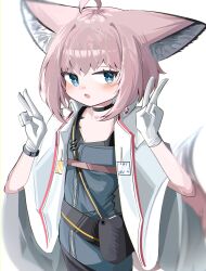 Rule 34 | 1girl, absurdres, ahoge, animal ear fluff, animal ears, arknights, black choker, blue dress, blue eyes, blurry, blurry background, breasts, brown hair, choker, cleavage, commentary request, depth of field, double v, dress, fox ears, fox girl, fox tail, gloves, hands up, highres, jacket, looking at viewer, open mouth, simple background, small breasts, solo, spam (spamham4506), sussurro (arknights), tail, v, white background, white gloves, white jacket