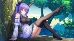 Rule 34 | 1girl, bare shoulders, breasts, dress, feet, female focus, forest, hair ribbon, large breasts, long hair, looking at viewer, nature, original, parted lips, pink eyes, purple hair, ribbon, sitting, smile, soles, solo, thighhighs, tree, twintails, xkc