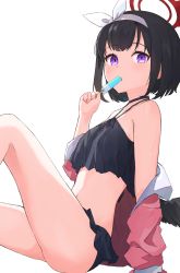 Rule 34 | 1girl, ace kin, bad id, bad pixiv id, bare legs, bare shoulders, bikini, black bikini, black choker, black hair, blue archive, blush, bow, breasts, choker, collarbone, feet out of frame, food, food in mouth, hair bow, halo, halterneck, hand up, highres, holding, holding food, ice cream, jacket, long sleeves, looking at viewer, mashiro (blue archive), mashiro (swimsuit) (blue archive), navel, off shoulder, open clothes, open jacket, pink jacket, popsicle, purple eyes, short hair, simple background, sitting, small breasts, smile, solo, stomach, swimsuit, white background, white bow, winged halo