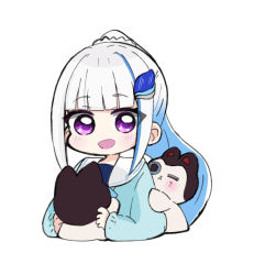 Rule 34 | 1girl, :d, blue cardigan, blue eyes, blue hair, blue shirt, blunt bangs, blush, cardigan, chibi, commentary, cropped torso, lize helesta, long hair, long sleeves, looking at viewer, multicolored hair, nijisanji, nozo (hitomiz), one eye closed, open mouth, purple eyes, sailor collar, school uniform, serafuku, shirt, simple background, smile, solo, symbol-only commentary, two-tone hair, upper body, virtual youtuber, white background, white hair, white sailor collar