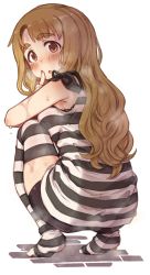 Rule 34 | 10s, 1girl, 7010, :o, bike shorts, blush, breasts, brown eyes, brown hair, full body, idolmaster, idolmaster million live!, large breasts, long hair, looking at viewer, looking back, miyao miya, prison clothes, shirt, simple background, solo, squatting, striped clothes, striped shirt, striped thighhighs, sweat, thighhighs, white background