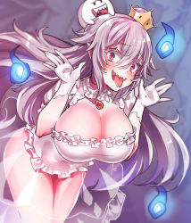 Rule 34 | 1girl, blush, boo (mario), breasts, brooch, cleavage, covered navel, crown, dress, frilled dress, frills, gloves, hair between eyes, hands up, jewelry, konnyaku (kk-monmon), large breasts, long hair, looking at viewer, luigi&#039;s mansion, mario (series), new super mario bros. u deluxe, nintendo, open mouth, princess king boo, puffy short sleeves, puffy sleeves, see-through, sharp teeth, short sleeves, sketch, super crown, teeth, tongue, tongue out, white dress, white gloves