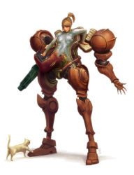 Rule 34 | 1girl, arm cannon, arm support, armor, blonde hair, bodysuit, breasts, breasts apart, brown hair, cat, covered navel, emblem, full body, gun, high ponytail, large breasts, long hair, mecha, metroid, nintendo, ponytail, power armor, realistic, robot, samus aran, scrunchie, shiny clothes, sidelocks, simple background, skin tight, solo, sundragon83, swept bangs, turtleneck, undressing, varia suit, weapon, white background, white cat, zero suit