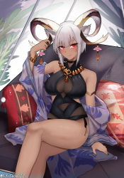 Rule 34 | 1girl, animal ear fluff, animal ears, arknights, arm support, arm up, bare legs, bare shoulders, black nails, black one-piece swimsuit, blush, bracelet, breasts, carnelian (arknights), carnelian (shimmering dew) (arknights), cleavage, closed mouth, couch, cross, cross necklace, crossed legs, dark-skinned female, dark skin, feet out of frame, highres, holding ticket, horns, jewelry, large breasts, legs, lips, looking at viewer, nail polish, necklace, official alternate costume, on couch, one-piece swimsuit, pillow, red eyes, short hair, simple background, sitting, smile, solo, swimsuit, thighs, twitter username, white hair, wuwuwu (kriswu555)