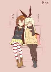 Rule 34 | ..., 10s, 2girls, alternate hairstyle, bag, bench, black legwear, blonde hair, blush, brown hair, casual, closed eyes, collarbone, dress, eyebrows, full body, hair ribbon, hairband, kantai collection, leaning on person, leaning to the side, long hair, long sleeves, long tongue, multiple girls, open mouth, orange hairband, pantyhose, pink background, pleated skirt, rectangular mouth, ribbon, scarf, shimakaze (kancolle), shiratsuyu (kancolle), shirt, short hair, side-by-side, simple background, sitting, skirt, sleeping, sleeping on person, speech bubble, striped clothes, striped legwear, striped thighhighs, sweater, sweater dress, talking, thighhighs, tongue, tongue out, twitter username, very long hair, vest, wide hips, wings, yua (checkmate), zettai ryouiki