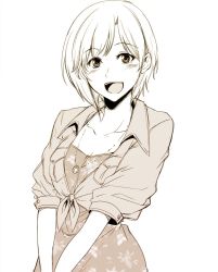 Rule 34 | 10s, 1girl, aiba yumi, blush, hagane soushi, idolmaster, idolmaster cinderella girls, jewelry, looking at viewer, monochrome, necklace, open mouth, short hair, simple background, smile, solo