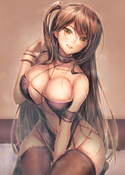 Rule 34 | 1girl, :d, ashermes, azur lane, bare shoulders, black thighhighs, blush, breasts, brown eyes, brown hair, center opening, cleavage, collarbone, criss-cross halter, curvy, halterneck, highres, large breasts, long hair, looking at viewer, navel, one side up, open mouth, race queen, smile, solo, thighhighs, very long hair, wide hips, wrist cuffs, zuikaku (azur lane), zuikaku (the wind&#039;s true name) (azur lane)