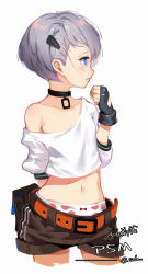 Rule 34 | 1girl, aged down, arm behind back, bare shoulders, belt, black gloves, blue eyes, bow, bow panties, brown shorts, collar, commentary, crop top, fingerless gloves, girls&#039; frontline, gloves, hair ornament, hairclip, highres, legs apart, looking to the side, loose clothes, midriff, navel, off shoulder, orange belt, panties, parted lips, polka dot, polka dot panties, psm (girls&#039; frontline), short hair, short sleeves, shorts, silver hair, simple background, sola7764, solo, standing, underwear, white background