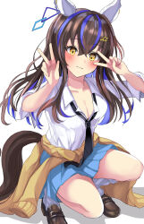 Rule 34 | 1girl, alternate costume, alternate hairstyle, animal ears, black necktie, blue hair, blue skirt, blush, breasts, brown footwear, brown hair, cleavage, closed mouth, clothes around waist, collared shirt, colored inner hair, commentary request, daitaku helios (umamusume), ear covers, ear piercing, hair down, hair ornament, hairclip, hanamura pink, highres, horns, horse ears, horse girl, horse tail, loafers, long hair, loose necktie, loose socks, medium breasts, multicolored hair, necktie, piercing, pleated skirt, shirt, shoes, simple background, skirt, sleeves rolled up, smile, socks, solo, squatting, streaked hair, sweater, sweater around waist, tail, umamusume, v, w, white background, white shirt, white socks, yellow eyes, yellow sweater