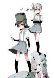 Rule 34 | 10s, 2girls, absurdres, arare (kancolle), arm warmers, black hair, black socks, blouse, blunt bangs, bow, brown eyes, clenched hands, collared shirt, crossed arms, female focus, frown, grey hair, grey skirt, hair bow, hair ornament, hat, highres, kantai collection, kasumi (kancolle), kneehighs, looking at viewer, miniskirt, multiple girls, ooyama imo, ponytail, rock, school uniform, shirt, short hair, short sleeves, side ponytail, sidelocks, simple background, skirt, socks, standing, suspender skirt, suspenders, white background, white shirt, wind, wind lift