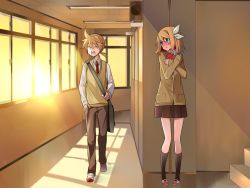 Rule 34 | 1boy, 1girl, bad id, bad pixiv id, bag, blazer, blonde hair, blue eyes, blush, brother and sister, embarrassed, closed eyes, gift, hair ribbon, highres, jacket, kagamine len, kagamine rin, open mouth, ribbon, school, school uniform, short hair, siblings, skirt, standing, sunset, sweater vest, tears, temari (deae), twins, vocaloid, yawning