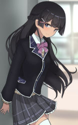 Rule 34 | 1girl, black hair, black jacket, blazer, blouse, blue eyes, blurry, blurry background, blush, bow, bowtie, braid, closed mouth, collared shirt, commentary request, depth of field, grey skirt, hair ornament, hairclip, hinomaru (futagun), jacket, leaning forward, long hair, nijisanji, pink bow, pink bowtie, pleated skirt, shirt, skirt, smile, solo, striped, sweater, thighhighs, tsukino mito, tsukino mito (1st costume), vertical stripes, very long hair, virtual youtuber, white shirt, white thighhighs