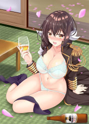 Rule 34 | 1girl, :d, aiguillette, alcohol, aqua bra, aqua panties, arm support, azur lane, beer bottle, black coat, black hair, black socks, blush, bow, bow panties, bra, breasts, brown eyes, champagne, cleavage, coat, commentary request, cup, drinking glass, drunk, epaulettes, hair over shoulder, hair tie, holding, holding cup, horns, insignia, kneehighs, kneehighs pull, large breasts, long hair, long sleeves, looking at viewer, mikasa (azur lane), military, military uniform, navel, no pants, no shirt, open clothes, open coat, open mouth, ougi (ihayasaka), panties, partial commentary, petals, sitting, sliding doors, smile, socks, solo, table, tatami, thighs, underwear, uniform, wine glass, wooden floor, yokozuwari