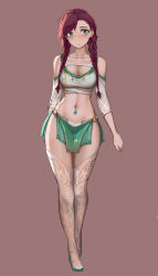 Rule 34 | 1girl, absurdres, aqua eyes, bad id, bad pixiv id, blouse, braid, breasts, chinese commentary, cleavage, closed mouth, clothing cutout, collarbone, commentary request, durin (liangzi tai hongcha), full body, green skirt, highres, large breasts, liangzi tai hongcha, long hair, looking at viewer, midriff, mole on body, navel, navel piercing, original, pelvic curtain, piercing, red background, red hair, see-through, see-through legwear, shirt, shoulder cutout, simple background, skirt, solo, thighhighs, twin braids, white shirt