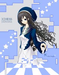Rule 34 | 1girl, bad id, bad pixiv id, board game, breasts, brown hair, chef no kimagure salad, chess, chess piece, dress, hat, knight (chess), light smile, long hair, mikipuruun no naegi, small breasts, solo, star (symbol)