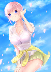 Rule 34 | 1girl, absurdres, blue eyes, blue sky, blush, breasts, cherry blossoms, cleavage, closed mouth, cloud, collarbone, collared shirt, dress shirt, falling petals, go-toubun no hanayome, green skirt, highres, large breasts, nakano ichika, petals, pink hair, pleated skirt, shirt, short hair, short sleeves, skirt, sky, smile, sweater, thighs, tied sweater, user fdgu5325, white shirt, yellow sweater