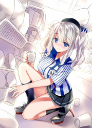 Rule 34 | 10s, 1girl, beret, black hat, black skirt, blue eyes, blue hat, blush, bow, breasts, clerk, clip, collarbone, covered erect nipples, cup, dutch angle, employee uniform, eyebrows, grey footwear, hat, hat bow, high heels, holding, holding cup, indoors, kantai collection, kashima (kancolle), kneeling, lamp, lawson, name tag, plate, rei (rei&#039;s room), shirt, shoes, short hair, short sleeves, sidelocks, silver hair, skirt, smile, socks, solo, striped clothes, striped shirt, tareme, uniform, vertical-striped clothes, vertical-striped shirt, wavy hair