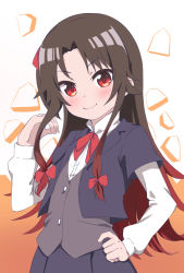 Rule 34 | 10s, 1girl, ao ringo (nn aa), black jacket, black skirt, blush, bow, brown hair, brown vest, closed mouth, commentary request, gradient hair, hair bow, hand on own hip, jacket, layered sleeves, long hair, long sleeves, multicolored hair, pleated skirt, red bow, red eyes, red hair, ryuuou no oshigoto!, shirt, shogi piece, short over long sleeves, short sleeves, skirt, smile, solo, very long hair, vest, white shirt, yashajin ai