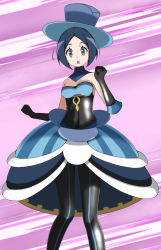Rule 34 | 1girl, black gloves, black pantyhose, blue eyes, blue hair, blue hat, breasts, cleavage, commentary request, creatures (company), dress, evelyn (pokemon), game freak, gloves, hat, highres, looking at viewer, medium breasts, nintendo, open mouth, pantyhose, pink background, pokemon, pokemon xy, short hair, solo, standing, tsukishiro saika