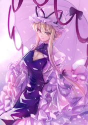 Rule 34 | 1girl, alternate hairstyle, blonde hair, bow, breasts, cleavage, cleavage cutout, clothing cutout, dress, female focus, gloves, hair bow, hat, large breasts, long hair, long sleeves, looking at viewer, purple eyes, short hair with long locks, smile, solo, touhou, touya (the-moon), umbrella, white gloves, yakumo yukari