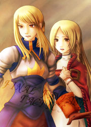 Rule 34 | 2girls, agrias oaks, armor, blonde hair, braid, breastplate, breasts, brown eyes, cape, copyright name, corset, cowboy shot, dress, female focus, final fantasy, final fantasy tactics, frown, gloves, groin, hands on own chest, knight, lips, long hair, multiple girls, ovelia atkascha, parted lips, serious, sidelocks, single braid, yusoson